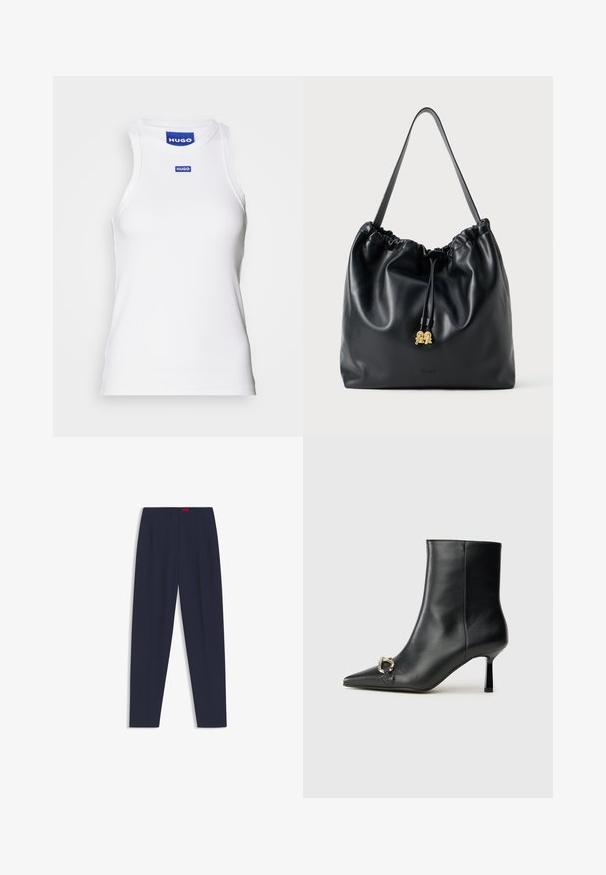 Top senza maniche bianco realizzato in tessuto a coste, con scollo rotondo e un'etichetta blu "HUGO" vicino al colletto. Texture liscia.; Pantaloni su misura blu navy con una texture liscia, dotati di pieghe frontali e tasche laterali. Design a gamba dritta e senza decorazioni visibili.; Stivale alla caviglia in pelle nera con punta affusolata, tacco sottile di media altezza e dettaglio in fibbia argentata sul lato, su sfondo semplice.; Borsa a tracolla nera in pelle con texture liscia, parte superiore arricciata e hardware dorato sottile. Presenta una tracolla robusta e un logo impresso.