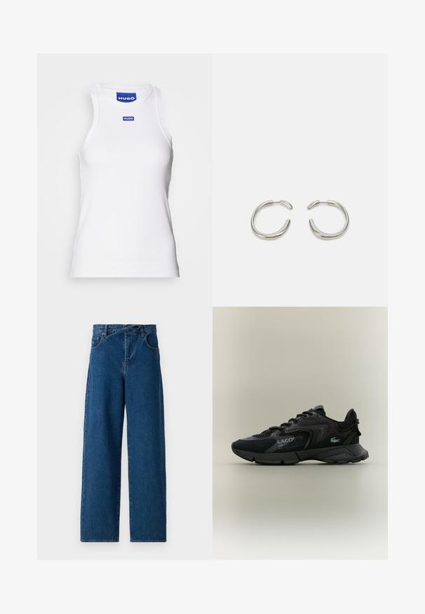 Top senza maniche bianco realizzato in tessuto a coste, con scollo rotondo e un'etichetta blu "HUGO" vicino al colletto. Texture liscia.; Jeans in denim a gamba larga di colore blu scuro. Design a vita alta con passanti per cintura e tasche frontali. Tessuto liscio e stile classico a cinque tasche.; Sneaker atletico nero con materiali in rete e sintetici, dettagli testurizzati, design con lacci e logo prominente sul lato.; Orecchini a cerchio in argento con un design liscio e arrotondato e una finitura lucida e elegante. Presentano una forma minimalista con una leggera apertura.