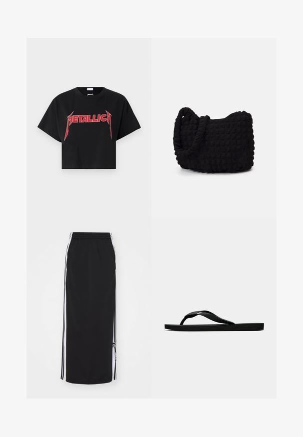 Černé zkrácené tričko vyrobené z bavlny, s červeným grafickým prvkem "METALLICA" na hrudi v ostrém písmu. Krátké rukávy a kulatý výstřih.; Černá sportovní sukně s bílými bočními pruhy, elastickým pasem a logem. Vyrobena z prodyšného materiálu, délka po kolena.; Černé gumové žabky s texturovaným páskem a jednoduchou plochou podrážkou, zobrazené z boku na světlém pozadí.; Černá látková taška s texturovaným, prošívaným vzorem. Zaoblený tvar, krátké, silné uchy a měkká, flexibilní struktura.