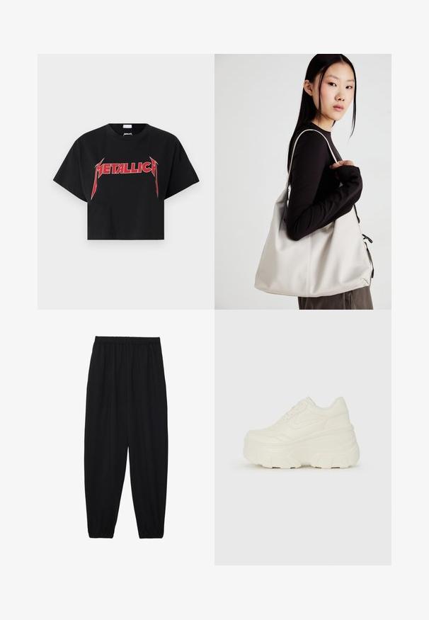 Black cropped t-shirt made of cotton, featuring a red "METALLICA" graphic across the chest in an angular font. Short sleeves and a crew neckline.; Black, lightweight pants with an elastic waistband and gathered ankles. The fabric is smooth and features a relaxed, tapered design.; White platform sneakers featuring a smooth leather-like upper, rounded shape, padded collar, and textured rubber sole with defined treads.; Beige handbag made of soft material, featuring a slouchy design, stitched detailing, and two shoulder straps. Suitable for everyday use.