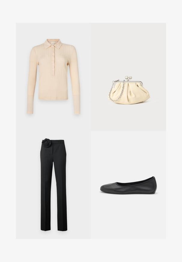 Lange mouw polo shirt in licht perzik geribbeld materiaal, met een gekraagde halslijn, zeven knopen en een getailleerde pasvorm.; Zwarte broek met een getailleerde pasvorm, voorzien van een stoffen rozenaccent bij de taille, rechte pijpen en een gladde textuur.; Zwarte leren ballerina met een ronde neus, gladde textuur, minimale stikdetails en een flexibele zoolontwerp.; Geplooide beige leren clutch met een zilveren metalen frame, voorzien van twee ronde decoratieve sluitingen en een zilveren kettingriem.
