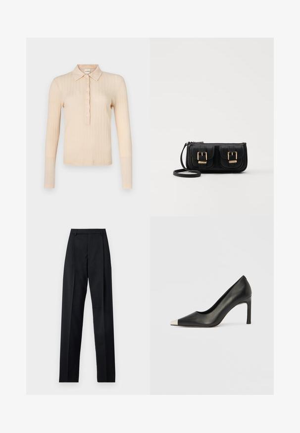 Long-sleeve polo shirt in light peach ribbed fabric, featuring a collared neckline, seven buttons, and a fitted silhouette.; Black trousers made from smooth fabric featuring a high waist, wide legs, front pleats, and classic belt loops. No side pockets visible.; Black leather high heel shoe with a pointed toe and a metallic silver cap. Features a smooth finish and a slender 10 cm heel.; Black leather crossbody bag with two front pockets, gold buckles, zipper closure, and a slim strap. Textured surface and compact rectangular shape.