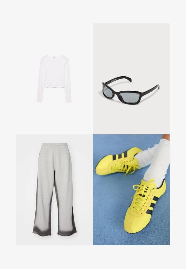 Top corto bianco a maniche lunghe realizzato in tessuto morbido. Presenta un colletto rotondo e un design semplice ed elegante senza alcun motivo o decorazione.; Pantaloni grigi in felpa con una finitura testurizzata, caratterizzati da una sfumatura grigio scuro graduale all'orlo, cintura elastica e taglio ampio.; Scarpe da ginnastica giallo brillante con strisce nere e lacci; presentano una parte superiore testurizzata e dettagli in camoscio. Indossate con calze bianche a coste.; Occhiali da sole neri con un design elegante e angolare. Presentano lenti grigie e montature in plastica lucida. Include piccoli dettagli in metallo e un marchio sulla asta.; Borsa a mano in pelle nera con due manici corti, hardware argentato, dettagli bianchi e un logo bianco. Presenta una superficie strutturata e un design compatto.