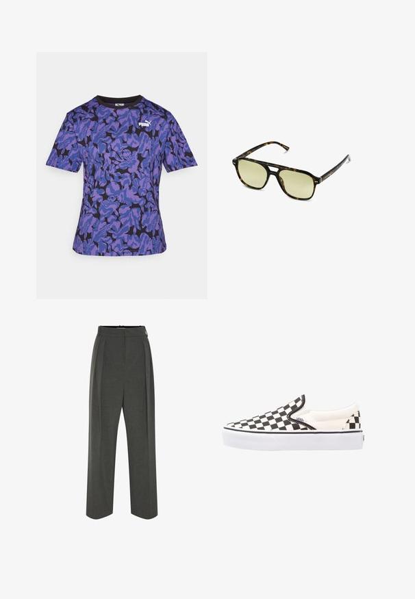 Camiseta de manga corta en púrpura y negro con un patrón de camuflaje texturizado; presenta un cuello redondo y un prominente logo blanco de Puma en el pecho.; Pantalones grises de pierna ancha hechos de tela texturizada, con cintura alta y pliegues frontales. El diseño incluye una pretina lisa y sin cierres visibles.; Zapatillas slip-on Vans de cuadros en blanco y negro con parte superior de lona, suela de goma y collar acolchado. Punta redonda y plana con acentos de suela blanca.; Gafas de sol carey con forma rectangular, lentes con tinte verde y montura de acetato con patrones. Presentan acentos metálicos cerca de las lentes.; Bolso de mano de cuero oscuro con dos bolsillos frontales, una hebilla central y herrajes en tono dorado. Textura suave con una silueta curva.