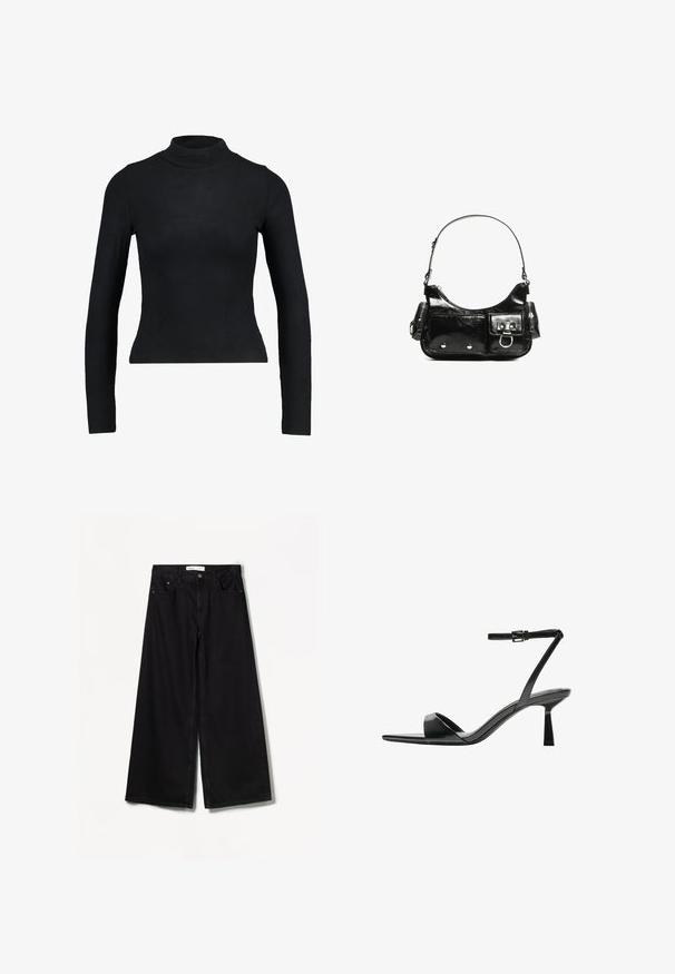 Fekete, hosszú ujjú garbó felső ribbed anyagból, testhez simuló kialakítással és karcsú sziluettel. Nincsenek minták vagy díszítések.; Bershka WIDE-LEG - Széles szárú - black; Bershka Magas sarkú szandálok - black; Fekete lakkbőr kézitáska ívelt formával, egy vállpánttal, elülső zsebekkel és ezüstszínű fémrészletekkel.