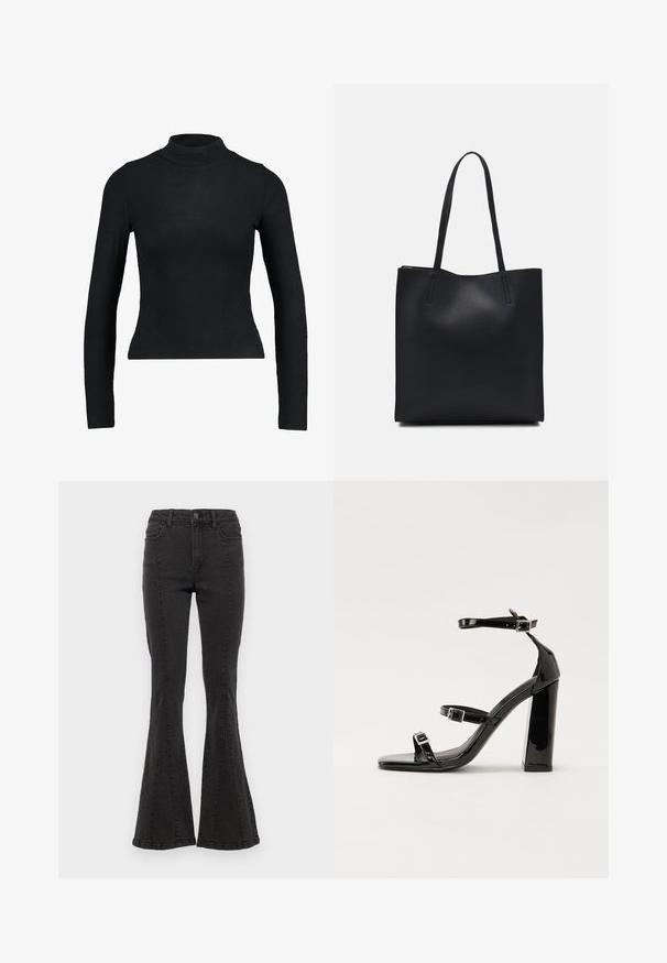 Crna dugouha majica s visokim ovratnikom od rebrastog materijala, s prilagođenim dizajnom i uskim siluetom. Bez uzoraka ili akcenta.; Crne traperice s čarape i visokim strukom, s bočnim šavovima i čistim rubom. Tkanina ima glatku teksturu s blagim rastezanjem.; Crne lakirane sandale na visoku petu s dva remena s kopčama, kvadratnim vrhom i masivnom blok petom, s glatkom, sjajnom teksturom.; Crna kožna torba za nošenje s glatkom teksturom, pravokutnim oblikom i dvije duge ručke. Nema vidljivih metalnih dijelova ili ukrasa.