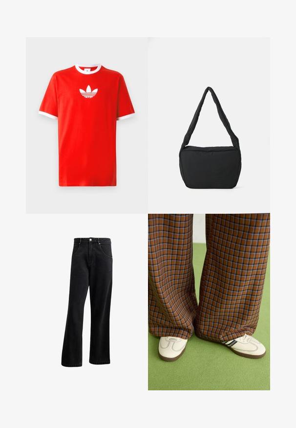 T-shirt de algodão vermelho com colarinho e punhos brancos com canelado. Logótipo da Adidas branco centrado, com três riscas acima do logótipo.; Jeans de ganga preta com um design de perna reta, apresentando bolsos frontais, fecho de botão e uma leve textura. Inclui um detalhe de logótipo discreto.; Calças largas em padrão xadrez castanho e azul, combinadas com sapatos brancos com detalhes pretos e solas texturizadas, contra um fundo verde.; Saco preto de ombro com uma textura almofadada, uma forma arredondada e uma alça larga, apresentando um logótipo em relevo na parte da frente.