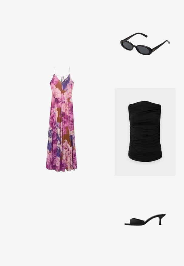 Črna brezrokavna majica z nabranim dizajnom, izdelana iz elastičnega blaga z gladko teksturo, enobarvna brez dodatnih vzorcev ali okrasnih elementov.; Cvetna maksi obleka z mešanico vijoličnih in rjavih odtenkov, lahkotna tkanina, tanke naramnice in tekoča silhueta.; Črne natikače na peto z širokim, odprtim prstom in ukrivljenim zgornjim delom. Narejene iz teksturiranega materiala, imajo vitko peto in gladko podplat.; Črne oversize sončne očala z ovalnimi lečami, gladkim plastičnim okvirjem in zlatenimi detajli na templjih. Temne leče zagotavljajo zaščito pred soncem.