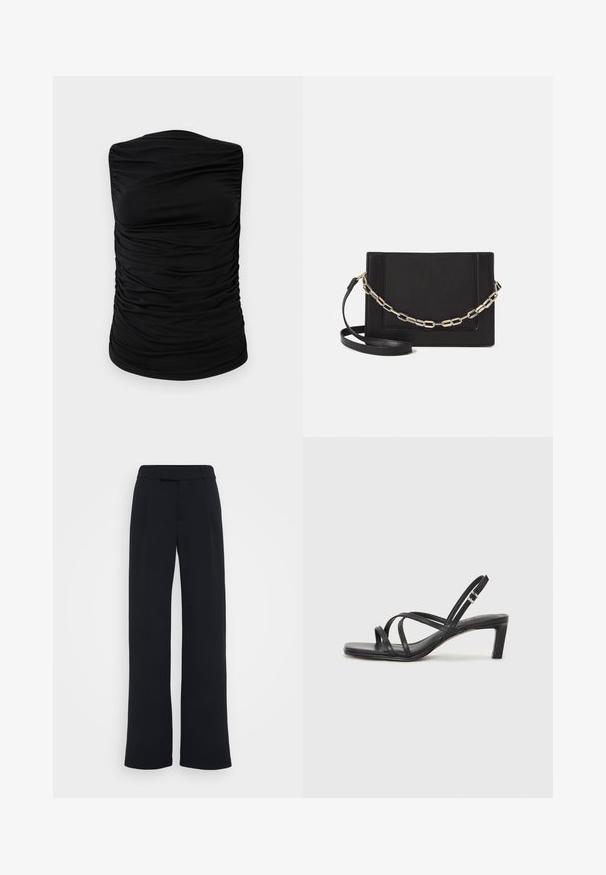 Fekete ujjatlan felső, mely ráncolt dizájnnal rendelkezik, rugalmas anyagból készült, sima textúrával, egyszerű, minta vagy díszítés nélkül.; Széles lábú nadrág egyszínű fekete anyagból, lapos elejű, övbújtatóval és sima текстúrával, látható minták vagy díszítések nélkül.; Fekete pántos szandál négyzetes orral és alacsony blokk sarkal. Több vékony pánttal és állítható boka pánttal rendelkezik. Sima bőrből készült.; Fekete bőr keresztpántos táska, sima textúrával, téglalap alakú és fém lánc részlettel az elején. Állítható pánttal ellátva.