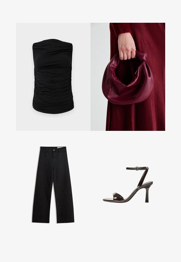 Top negru fără mâneci, cu un design pliat, realizat dintr-un material elastic cu o textură netedă, simplu, fără modele sau accente suplimentare.; Pantaloni din denim negri cu picioare largi, cu talie înaltă, având buzunare frontale și posterioare, cusături dublate și închidere cu nasture. Textură netedă.; Sandale cu toc înalt din piele lacuită maro, cu bretele la gleznă, vârf deschis și un design elegant, minimalist. Dispune de un toc pătrat.; Geantă de mână din piele burgundă, cu un design moale și pliat și o formă rotundă. Mânerele sunt securizate, evidențiind o textură netedă.