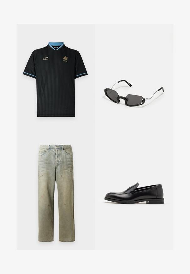 Black short-sleeve jersey with vertical pinstripes, light blue collar and accents, featuring gold logos on the front.; Distressed denim jeans in light green, featuring a straight leg, five-pocket design, and uneven fading with paint splatters.; Black leather loafers with a smooth texture, rounded toe, and a decorative strap across the vamp. Low stacked heel, minimalist design.; Black sunglasses with a unique shield shape, featuring dark lenses and thin silver metal arms. The frames have rounded accents and a bold design.