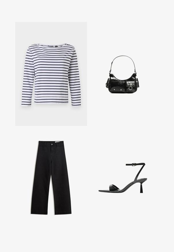 Csíkos, hosszú ujjú felső fehér és sötétkék színben, hajónyakkivágással és laza illeszkedéssel. Puha pamut anyagból készült, varrott szegélyekkel.; Fekete, bő szabású farmernadrág magas derékkal, elülső és hátsó zsebekkel, varrott felületekkel és gombos záródással. Sima textúra.; Bershka Magas sarkú szandálok - black; Fekete lakkbőr kézitáska ívelt formával, egy vállpánttal, elülső zsebekkel és ezüstszínű fémrészletekkel.