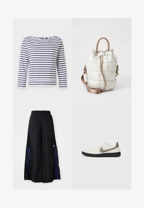Tricou cu mâneci lungi și dungi în alb și bleumarin, cu decolteu tip barcă și o croială lejeră. Fabricat dintr-un material de bumbac moale, cu tivuri cusute.; Pantaloni negri cu croi larg, confecționați dintr-un material ușor, având un panou lateral albastru marin și un brâu elastic. Logo mic alb în partea de jos.; Nike Sportswear FIELD GENERAL - Sneakers low - off-white/black; Geantă beige deschis matlasată cu vârf strâns, având un mâner împletit și o curea detasabilă. Textură netedă cu o strălucire subtilă.