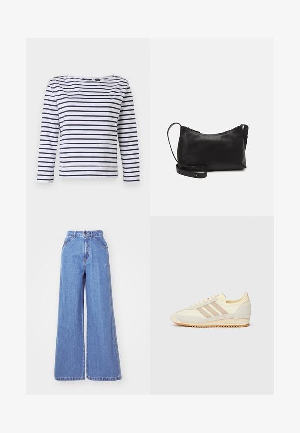 Striped long-sleeve top in white and navy, featuring a boat neckline and a relaxed fit. Made from soft cotton material with stitched hems.; adidas Originals Straight leg jeans - light denim; Cream athletic sneaker featuring three beige stripes, suede and textile materials, a textured sole, and embossed branding on the heel.; Black leather shoulder bag with a smooth texture, curved shape, adjustable strap, and a zip closure. Minimalist design without embellishments.