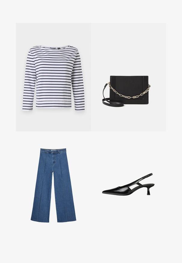 Gestreiftes langärmeliges Oberteil in Weiß und Navy mit Bootsausschnitt und lockerer Passform. Hergestellt aus weichem Baumwollmaterial mit genähten Säumen.; Weite Jeans aus Denim in Mittelblau, mit hoher Taille, Knopfverschluss und kontrastierenden vertikalen Nahtdetails an der Vorderseite.; Schwarze Lackleder-Slingback-High Heels mit spitzer Zehenform, ausgeschnittenem Seitendesign und kleinem Blockabsatz. Glatte Textur mit minimalen Akzenten.; Schwarze Leder-Crossbody-Tasche mit glatter Textur, rechteckiger Form und metallic-kettendetail auf der Vorderseite. Verstellbarer Gurt inklusive.