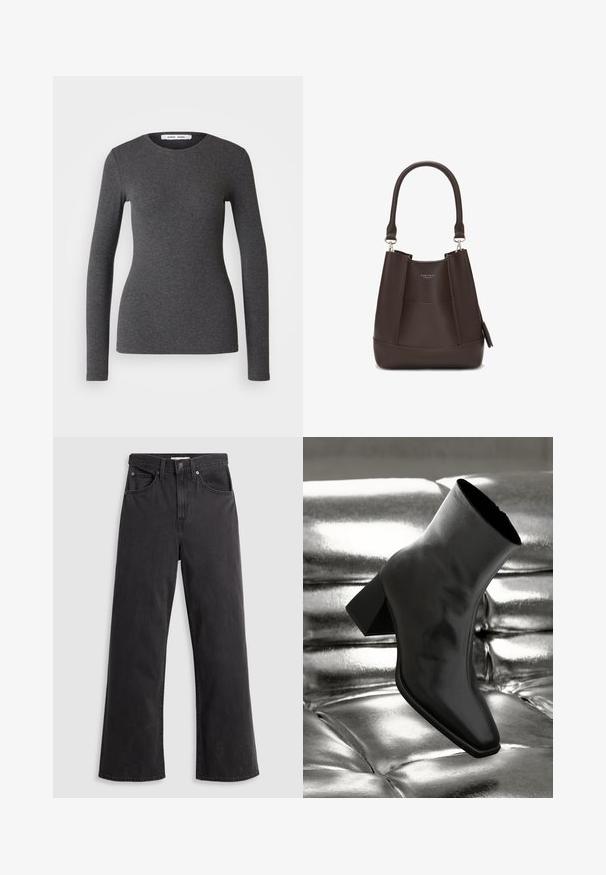 Pitkähihainen, pyöreä kaula-aukko toppi tummanharmaana, valmistettu ribbitetystä kankaasta, jossa on vartalonmyötäinen muotoilu, sileä pinta ja minimaalinen yksityiskohtaisuus.; Oliivinvihreä, läpikuultava pusero, jossa on sidottu kaulus, joustava vyötärö ja röyhelöiset pitkät hihat. Kevyt kangas ja virtaava muotoilu.; Mustat farkut leveillä lahkeilla ja korkealla vyötäröllä, viisi taskua ja metallinen nappikiinnitys. Kangas on sileä, hieman haalistunut.; Musta nilkkuri, joka on valmistettu kiiltävästä materiaalista, jossa on neliömäinen kärki ja kapeahko kanta, asetettuna kiiltävän hopean tuftatun taustan eteen.; Carlheim ADALINE - Käsilaukku - brown