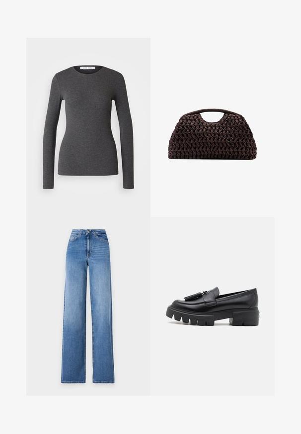 Top a maniche lunghe, con scollo rotondo, di colore grigio scuro, realizzato in tessuto a costine con un design aderente, caratterizzato da una texture liscia e dettagli minimi.; Jeans a gamba larga di un azzurro chiaro, realizzati in denim, con vita alta, tasche frontali e chiusura con bottone standard. Texture liscia.; Stuart Weitzman NOLITA TASSEL LOAFER - Scarpe con plateau - black; Borsa a tracolla intrecciata marrone con silhouette arrotondata, dotata di manico superiore e superficie testurizzata. Design compatto con base piatta per maggiore stabilità.