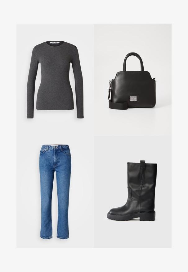 Dlhý rukáv, okrúhly výstrih v tmavosivej farbe, vyrobený z rebrovanej látky s priliehavým strihom, s hladkou textúrou a minimálnymi detailmi.; Modré denimové džínsy so strihom rovného nohu, s klasickým päťvreckovým dizajnom, oranžovým prešívaním a zapínaním na gombík.; Čierne kožené vysoké čižmy s elegantným dizajnom, ktoré majú hrubú podrážku a bočný popruh pre jednoduché obúvanie. Výrazné švy ako akcent.; Čierna syntetická kabelka s vrchnými uchami, odnímateľným ramenným popruhom, okrúhlym tvarom, hladkou textúrou a strieborným logom na prednej strane.; Strieborné kruhové náušnice s textúrovaným dizajnom, ktorý obsahuje vertikálne ryhy. Obdĺžnikový tvar so zabezpečovacím uzáverom. Hladký povrch.