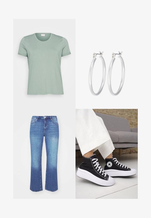 Hele rohelise värvi lühikeste varrukatega T-särk, mis on valmistatud pehmest kangast, ümarate kaelustega ja rullitud varrukatega. Sile tekstuur, veidi lõdva lõikega.; Denim teksad heledast kuni keskmise sinise gradientiga. Omab sirge lõikega sääri, viit taskut ja õmblustega kaunistusi õmbluste ääres.; Mustad kõrge säärega tossud valgete kummist tallade ja paeltega. Omad ümmargust logomärki ja kontrastset valget õmblust. Materjaliks lõuend.; Hõbedased rõngaskõrvarõngad, millel on sile, läikiv viimistlus. Ümmargune kuju ja turvaline klõpsulatus. Kerge disain, sobib igapäevaseks kandmiseks.