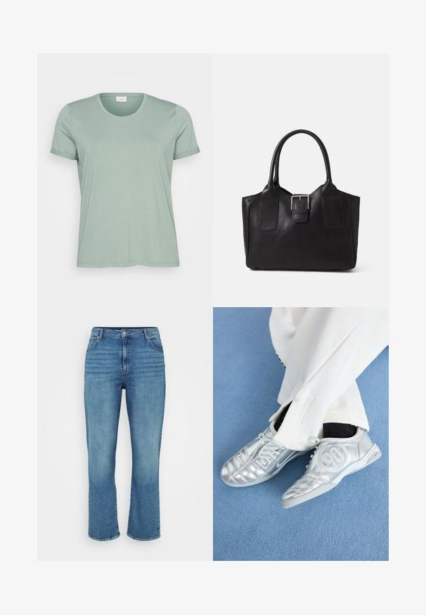 Világoszöld, rövid ujjú póló, puha anyagból készült, kerek nyakkivágással és felgöngyölt ujjakkal. Simás textúra, enyhén lazább szabás.; Világoskék farmernadrág egyenes lábbal, öt zsebbel, övhurkokkal és finom fakulással az elején.; Ezüst sportcipők sima, fényes felülettel, varrott mintázattal és a 90-es számmal az oldalán, fehér nadrággal párosítva.; Fekete bőr bevásárlótáska sima textúrával, strukturált formával, két fogantyúval és egy figyelemfelkeltő ezüst csattal az elején.