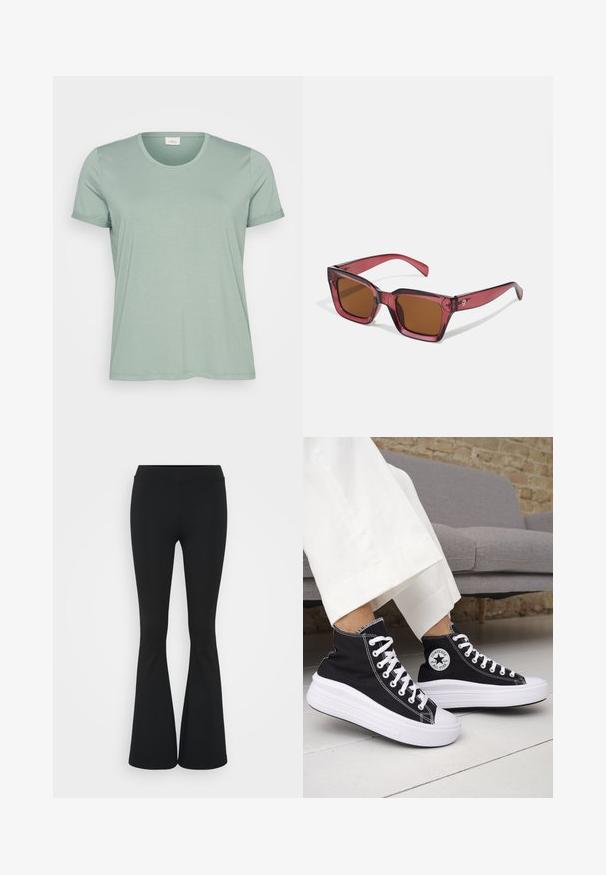 Svetlo zelena majica kratkih rukava iz mekog materijala s okruglim izrezom i zavinutim rukavima. Glatka tekstura, malo opušteni kroj.; Črne hlače s širokimi hlačnicami, izdelane iz raztegljive tkanine, z visokim pasom in gladko teksturo. Hlače se širijo od kolena navzdol.; Črni visoki supergi z belimi gumijastimi podplati in vezalkami. Na njih je okrogel logotip in kontrastno belo šivanje. Iz blaga platna.; Rdeča kvadratna sončna očala z rjavimi lečami. Narejena iz prosojnega plastike. Imajo izrazit angulären dizajn in diskretno blagovno znamko na oporniku.
