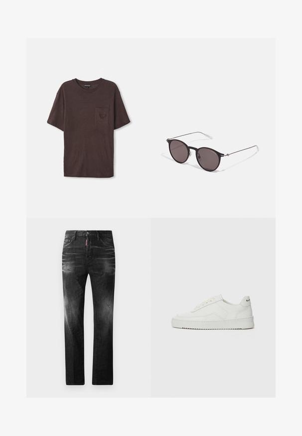 Brūns īsām piedurknēm krekls, izgatavots no mīkstas, teksturētas auduma, ar mazu kabatu kreisajā pusē un apaļu kakla izgriezumu.; Melni džinsi no denima ar taisnu piegriezumu. Iespējas ietver izbalējušas vietas, nelielas nodiluma pazīmes, klasisko piecu kabatu dizainu un pogu aizdari.; Baltas ādas sneakers ar gludu virsmu, apaļu pirkstu daļu, plakaniem šņorēm un teksturētu zoli. Satur diskrētu logotipu uz papēža.; Melni apaļi saulesbrilles ar tumšiem lēca un plānām metāla stangām. Iekļautas caurspīdīgas tempļu galviņas un sudraba akcenti pie eņģes. Minimalistisks dizains.