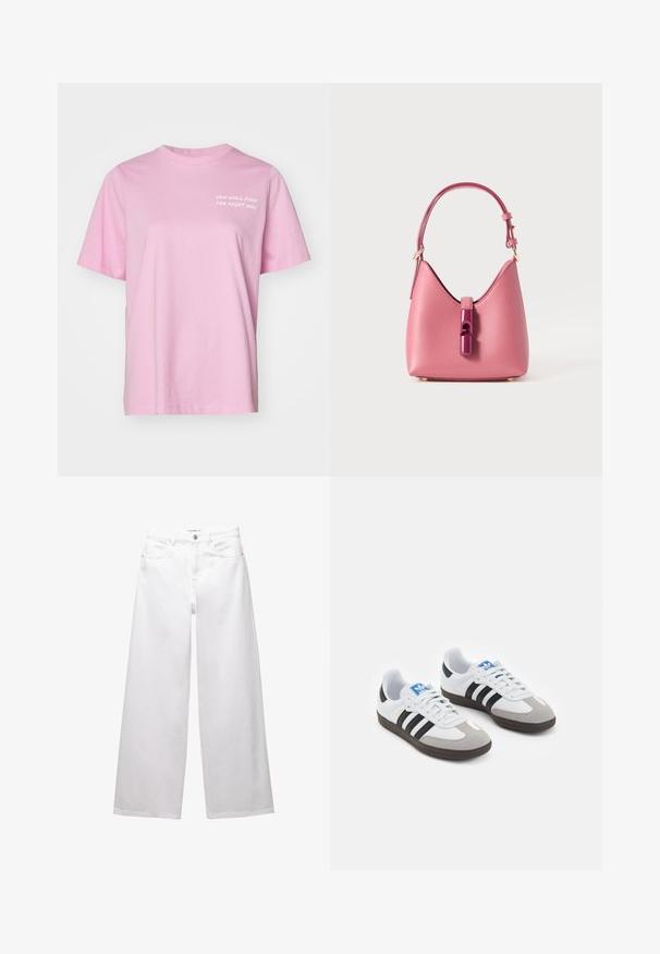 Tricou din bumbac roz, cu mânecă scurtă și guler rotund. Prezintă textul alb "VEI GĂSI DRUMUL POTRIVIT" pe partea din față. Croială standard.; Jeans albe cu croi larg, confectionate din denim. Prezintă închidere cu nasture, buzunare frontale și posterioare, și cusături evidente. Textură netedă cu detalii minime.; Încălțăminte sport cu un superior din piele albă, vârf din suede gri și trei dungi negre. Prezintă un logo albastru pe limbă și o talpă din cauciuc texturat.; Geantă de mână din piele roz, cu o formă structurată, având un închizător lucios și o curea ajustabilă simplă. Finisaj texturat cu accesorii aurii.