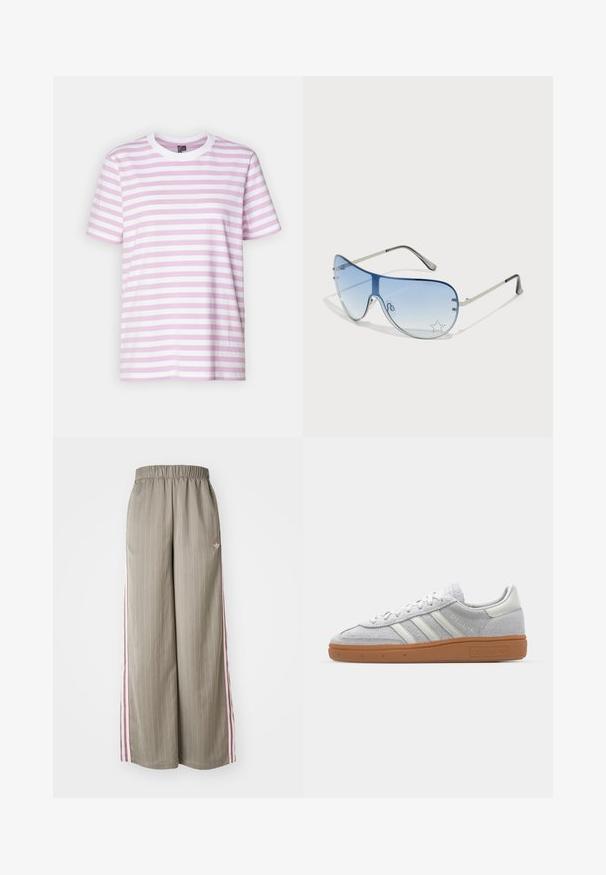 Kortermet t-skjorte i lys rosa med hvite horisontale striper. Laget av bomull, har en rund hals og en avslappet passform.; Lyse olivengrønne vide bukser med lodrette striber, elastisk talje og pink sidestiber. Har et lille logo på hoften.; Lys grå semsket lær sneakers med hvite lærdetaljer, tre hvite striper og en brun gummisåle, med en polstret krage for ekstra komfort.; Pilotbriller med gradient blå linse, sølvfarget metallramme og dekorative stjerneaksenter på linsen. Glatt og stilren design.