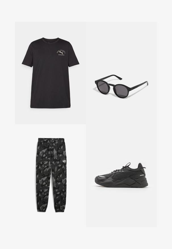Czarna bawełniana koszulka z krótkim rękawem, okrągłym dekoltem i małym białym logo przedstawiającym biegającego kota oraz tekstem na górnym lewym rogu.; Czarno-szare joggers w kamuflażu z elastycznym pasem, z różnorodnymi abstrakcyjnymi kształtami oraz małą metką z logo na biodrze.; Czarne sneakersy z teksturowaną cholewką, z siateczkowymi i syntetycznymi materiałami, grubą podeszwą oraz odblaskowymi akcentami zapewniającymi widoczność.; Czarne okulary przeciwsłoneczne z okrągłą, lekko falistą oprawą, ciemnymi szkłami i prostymi, czarnymi ramionami. Gładkie, błyszczące wykończenie bez widocznych wzorów.