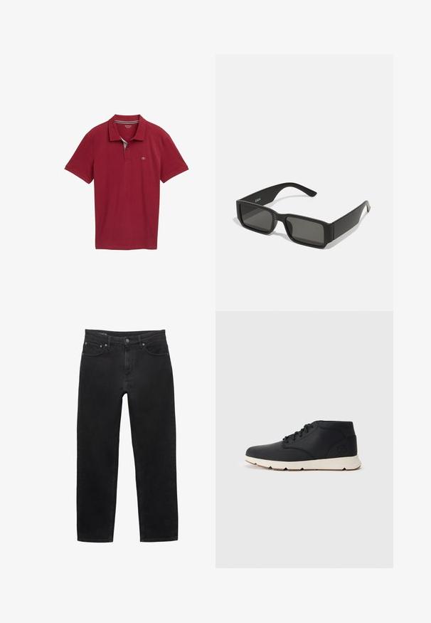 Rode poloshirt met een kraag, korte mouwen en een gestructureerde stof. Heeft een klein logo op de linkerkant van de borst.; Zwarte denim jeans met een rechte pijp, voorzien van een ritssluiting met knoop en klassieke vijfzakkenstyling.; Zwarte leren chukka boots met een witte rubberen zool, voorzien van ronde veters en een zijlogo dat op de hak is gedrukt. Glad oppervlak overal.; Zwarte zonnebril met rechthoekige lenzen, matte plastic montuur en rechte randen. Bevat het merkteken op de binnenarm.