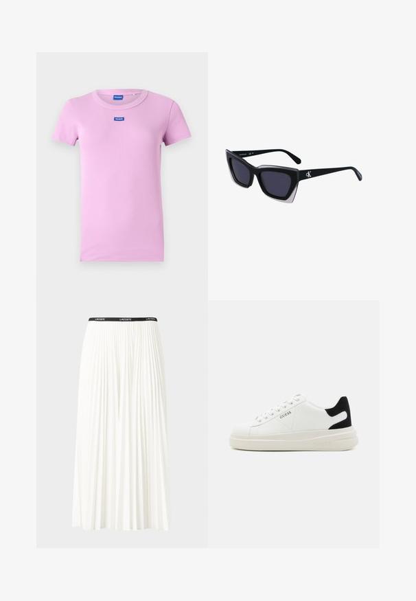 Rožinė trumpa rankovė T-marškiniai, pagaminti iš griovelio audinio. Turi apvalų iškirpimą ir mažą mėlyną "HUGO" logotipą krūtinėje.; Pleated balta sijonas su juodu elastiniu juosmeniu, ant kurio yra "LACOSTE" logotipas. Vidutinio ilgio dizainas su švelnia tekstūra.; Baltos odinės sportbačiai su storu baltu padu, juodu nubuko kulno akcentu ir iškilmingu logotipu šone. Su raišteliais, turinčiais šešis akinius.; Juodos didelės saulės akinių su geometrine forma, turinčiais tamsius objektyvus ir kontrastingą pilką detalę ant rėmelio. Logotipas ant šalon.