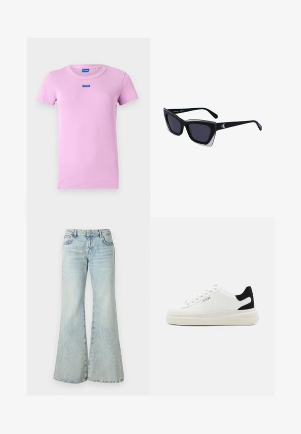 Rosa t-skjorte med kort erm laget av ribbestrikket stoff. Har rund halslinning og en liten blå "HUGO"-logo på brystet.; Lyseblå flared jeans laget av denim, med høy midje, lommer og frynsete hem. Stoffet har en falmet vask og subtil tekstur.; Hvite lær sneakers med tykk hvit såle, svart semsket hælforsterkning og preget logo på siden. Snøresystem med seks hull.; Store svarte solbriller i overdimensjonert størrelse med geometrisk form, med mørke linser og en kontrasterende grå detalj på rammen. Logo på armen.