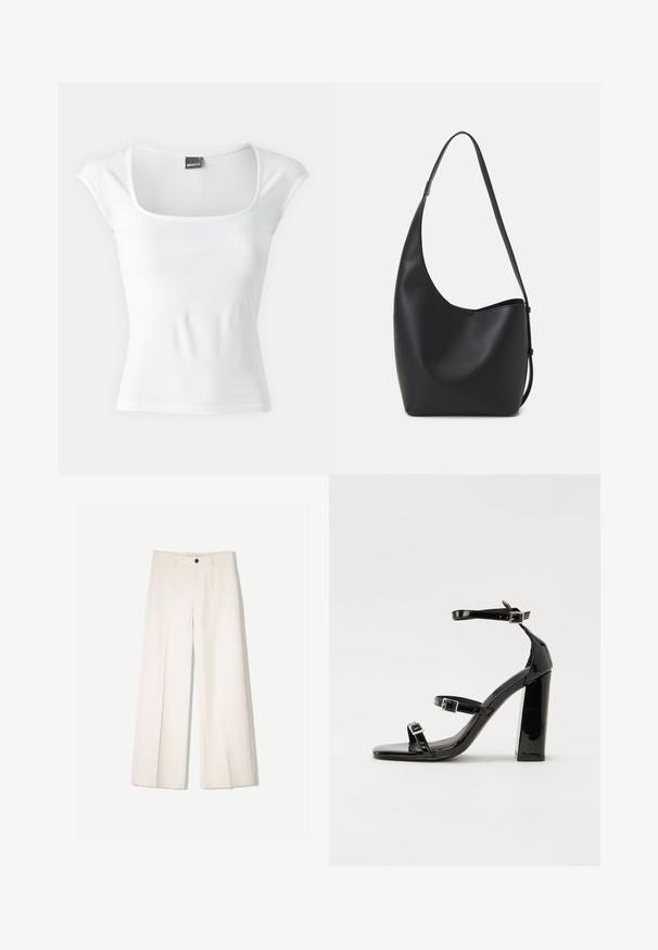 Gina Tricot SOFT TOUCH TIGHT TOP - Tricou cu imprimeu - offwhite; Pantaloni largi de culoare crem, cu un design croit, având două buzunare la față și o închidere cu un singur nasture în față, realizați dintr-un material neted.; Sandale cu toc din patent negru, cu vârf pătrat, curele la gleznă și catarame din argint. Dispune de un toc gros pentru stabilitate.; Geantă hobo din piele neagră, cu o textură netedă, formă curbată și un singur bretele ajustabil; are o deschidere largă în partea de sus.