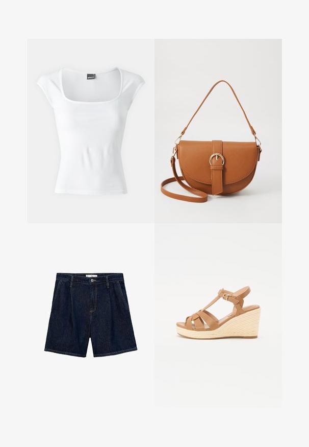 Gina Tricot - T-shirt z nadrukiem; Granatowe dżinsowe szorty z wysokim stanem, z dwoma bocznymi kieszeniami i zapięciem na guzik z przodu. Gładka tekstura i casualowy design.; Beżowe sandały na koturnie z krzyżowymi paskami, regulowanym zapięciem na kostkę oraz teksturowanym plecionym koturnem w stylu espadryli.; Brązowa skórzana torba na ramię o zaokrąglonym kształcie, ze złotymi akcentami i zapięciem w formie klamry. Posiada odpinany pasek na ramię.