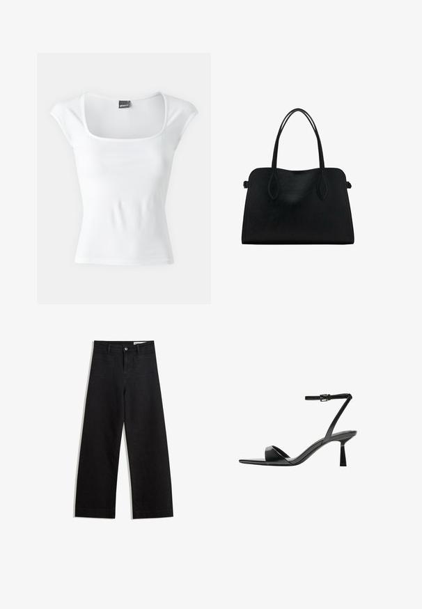Gina Tricot SOFT TOUCH TIGHT TOP - Triko s potiskem - offwhite; Černé denimové kalhoty s volným střihem a vysokým pasem, vybavené předními a zadními kapsami, prošívanými švy a knoflíkovým zapínáním. Hladká textura.; Bershka Sandály na vysokém podpatku - black; Černá kožená kabelka s dvojitými ramenními popruhy, obdélníkový tvar a minimalistický design na bílém pozadí.