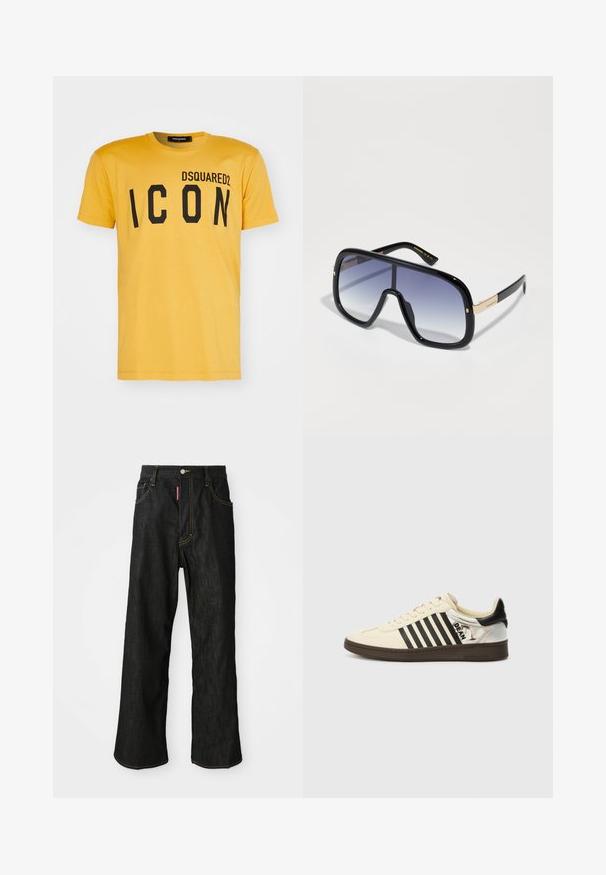 DSQUARED2 ICON COOL FIT TEE - Print T-shirt - sunflower; Black straight-leg jeans with yellow stitching, five-pocket design, button closure, and a small red tag on the front right pocket.; Cream leather sneaker with black stripes, brown sole, and metallic silver heel. Features a logo on the side and classic lace-up design.; Oversized black sunglasses with a gradient purple lens, glossy finish, and gold accents on the temple. Rectangular frame shape.