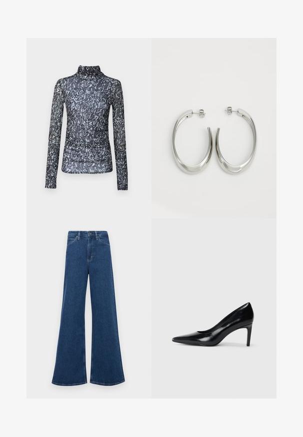 Pitkähihaisessa, korkean kauluksen paidassa on läpinäkyvää mustaa kangasta, jossa on abstrakteja valkoisia ja harmaita kuvioita; vyötärössä on gathered-yksityiskohtia.; Siniset farkut, joissa on leveät lahkeet ja korkea vyötärö. Farkuissa on viisi taskua, nappisulku ja kontrastisaumojen ompelu.; Mustat nahkakengät korkealla korolla, terävä kärki, sileä pinta ja kapeneva korko. Minimalistinen muotoilu, ei ylimääräisiä koristeita.; Hope hopeista, joissa on sileä, kaareva muotoilu. Varustettu kiiltävällä metallipinnoitteella ja nappikiinnityksellä. Ei näkyviä kuvioita tai koristeluja.