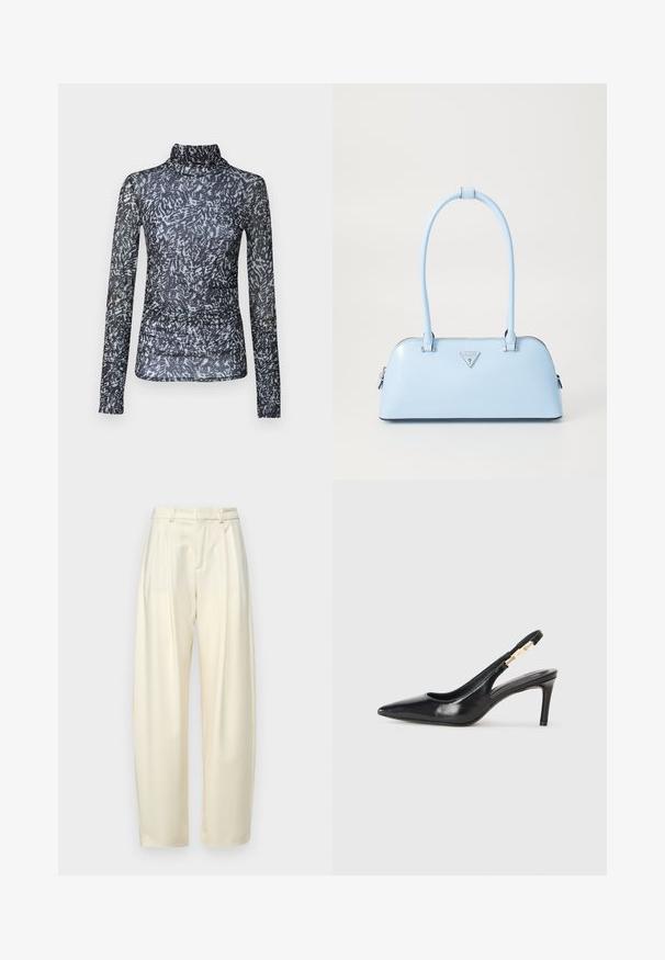 Langærmet top med høj hals i gennemsigtigt sort stof med abstrakte hvide og grå mønstre; har samlede detaljer i taljen.; Plisserede, højlivede bukser i let cremefarvet stof. Har en lige pasform og en glat tekstur. Ingen lommer eller synligt hardware.; Sort læder slingback højhælede sko med spidse tæer, glat overflade og en smal ankelrem med guldfarvede hardware detaljer.; Lyseblå håndtaske med en struktureret form, glat lædermateriale, to hanke og et trekantet brandlogo på fronten. Lynlås lukning.