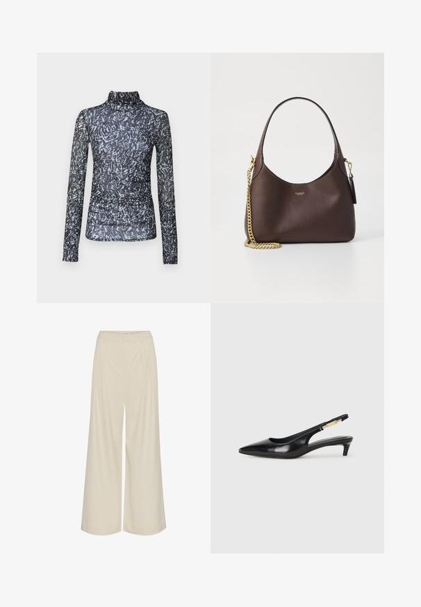 Cămașă cu mâneci lungi și guler înalt dintr-un material transparent negru, cu modele abstracte albe și gri; are detalii pliate la talie.; Pantaloni evazați dintr-un material bej deschis, cu pliseuri, talie înaltă și o textură netedă, fără embellishments vizibile.; Sandale slingback din piele neagră cu vârf ascuțit, având un toc subțire și un accent de culoare aurie pe curea ajustabilă. Textură netedă.; COACH BROOKLYN SHOULDER BAG 23 - Geantă de mână - maple