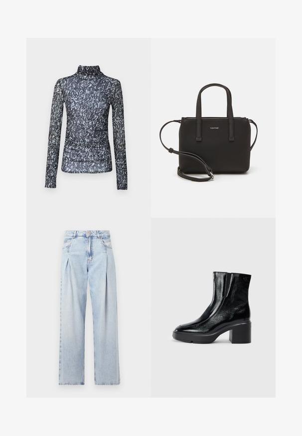 Long-sleeve, mock neck top in sheer black fabric with abstract white and gray patterns; features gathered detailing at the waist.; Light blue denim jeans with a high waist, wide-leg cut, two side pockets, and pleated design feature. Soft texture with a faded finish.; Black patent leather ankle boots with a curved toe, elastic side panels, and a chunky block heel. Features embossed logo on the back.; Black handbag with dual short handles and a removable shoulder strap. Smooth leather-like material with a zip closure and logo detail.