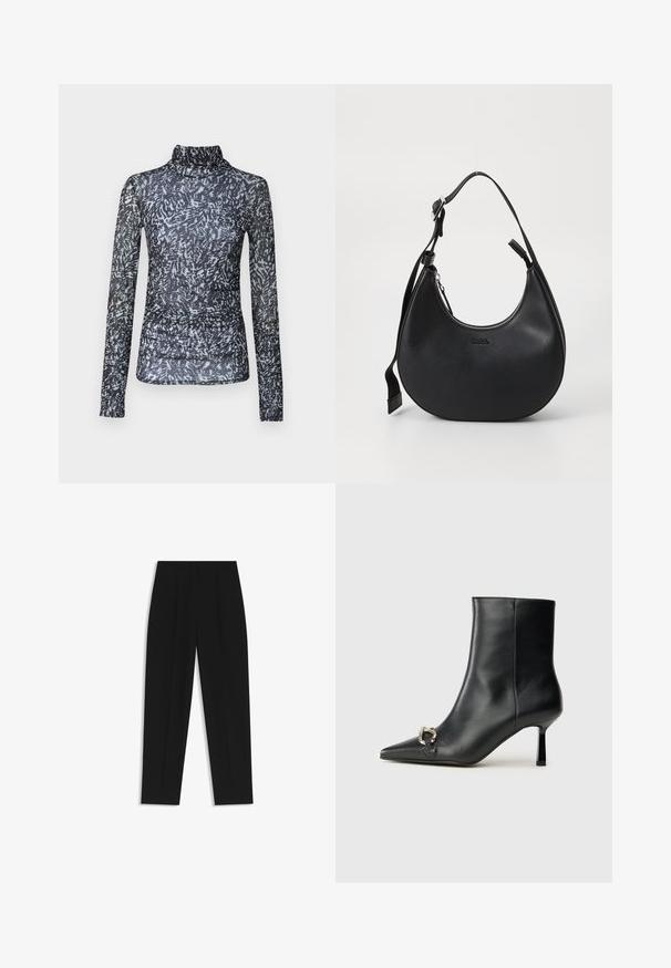 Long-sleeve, mock neck top in sheer black fabric with abstract white and gray patterns; features gathered detailing at the waist.; Black trousers with a straight fit, featuring double pleats, a smooth texture, and a classic waistband design. No visible hardware or accents.; Black leather ankle boot with pointed toe, slim mid-height heel, and silver buckle detail on side against plain background.; Black leather shoulder bag with a curved shape, zip closure, and adjustable strap. Features embossed brand logo on the front.