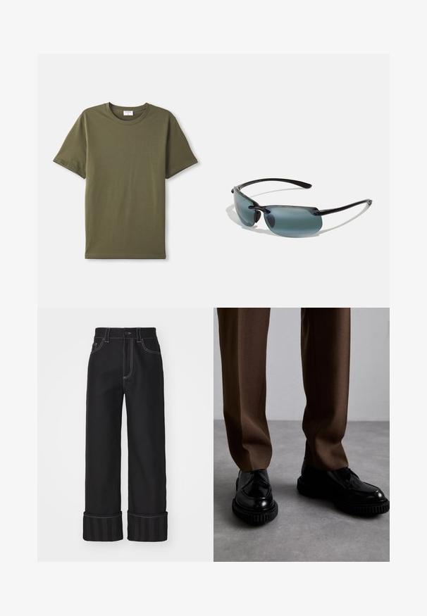 Simpel olivengrøn kortærmet T-shirt med rund hals liggende fladt på en hvid baggrund.; Sorte bredbenede jeans med kontrasterende hvide syninger, fem-lomme design og stribede manchetter. Materialet ser stærkt ud med en glat tekstur.; Sorte lædersko med ribbede sorte såler, parret med brune, skræddersyede bukser lavet af et glat, struktureret stof.; Solenbriller med sort stel, grå tonede linser og et slankt design. Har bølgede kanter og tynde arme for et let udseende.
