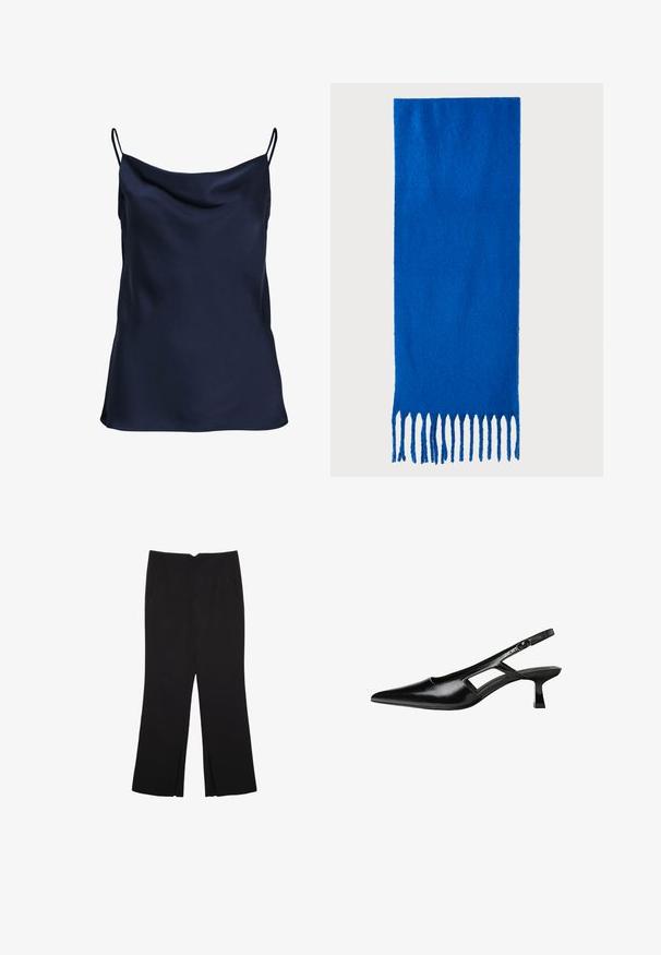 Mörkblå satinlinne med draperad halsringning, tunna justerbara axelband och en mjuk, slät textur. Enkelt design utan mönster.; Svarta byxor med rak passform, utrustade med framfickor och sidoklyvningar vid fållen. Tillverkade av mjukt, slätt tyg. Lämpliga för olika tillfällen.; Svart lackläder slingback-klackar med spetsig tå, utskuren sidor och en liten fyrkantig klack. Slät textur med minimala accenter.; Blå fransad scarf gjord av mjukt tyg; har en enhetlig färg med en texturerad yta och jämnt klippta fransar i botten.