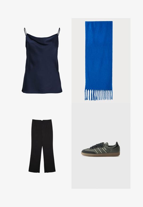 Námorníckomodrá saténová tielko s drapériou v oblasti krku, tenkými nastaviteľnými ramienkami a jemnou, hladkou textúrou. Jednoduchý dizajn bez vzorov.; Čierne nohavice so strihom rovného strihu, s prednými vreckami a bočnými rozparkami na leme. Vyrobené z mäkkej, hladkej tkaniny. Vhodné na rôzne príležitosti.; adidas Originals SAMBA OG - Tenisky - core black/legend earth/gum; Modrý šál s franjami vyrobený z mäkkej tkaniny; má jednofarebný dizajn s textúrovaným povrchom a rovnomerne strihanými franjami na spodnej strane.