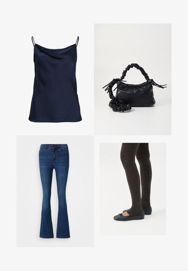 Yksinkertainen tummansininen satiininen toppi drapeeratulla kaula-aukoilla, ohuilla säädettävillä olkaimilla ja pehmeällä, sileällä pinnalla. Ei kuvioita.; Tummansininen farkkukangas flare-farkut, joissa on etu- ja takataskut, nappi- ja vetoketjusulku sekä haalistumat reisissä ja polvissa.; Mustat matalat kengät, joissa on pieni nauha varpaissa, yhdistettynä tummanruskeisiin ribattuisiin sukkahousuihin. Kengissä on sileä pinta ja matala profiili.; Must-have mustekahvi nahkalaukku krokotiiliaistalla, kiristetty yläosa ja rypistetty hihna. Näyttää pehmeältä ja kompaktilta muotoilultaan.