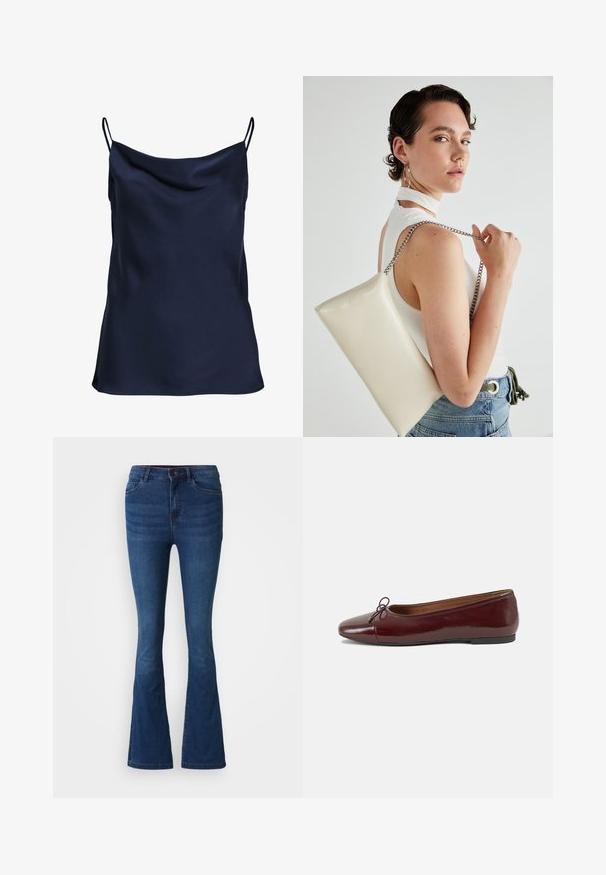 Sötétkék selyemtop drapírozott nyakkivágással, vékony, állítható pántokkal és sima, puha textúrával. Egyszerű dizájn, minta nélkül.; Sötétkék farmerkabátos bővülő farmernadrág, elülső és hátsó zsebekkel, gombos és cipzáras záródással, valamint megfakult részletekkel a combokon és a térdnél.; Burgundi lakkbőr balettcipő kerek orral, elöl kis masni díszítéssel és alacsony, fekete gumi talppal. Simára csiszolt felület.; Fehér, téglalap alakú, fényes anyagból készült clutch táska, ezüst láncos pánttal. A modell pózol, bemutatva a táskát egy egyszínű háttér előtt.