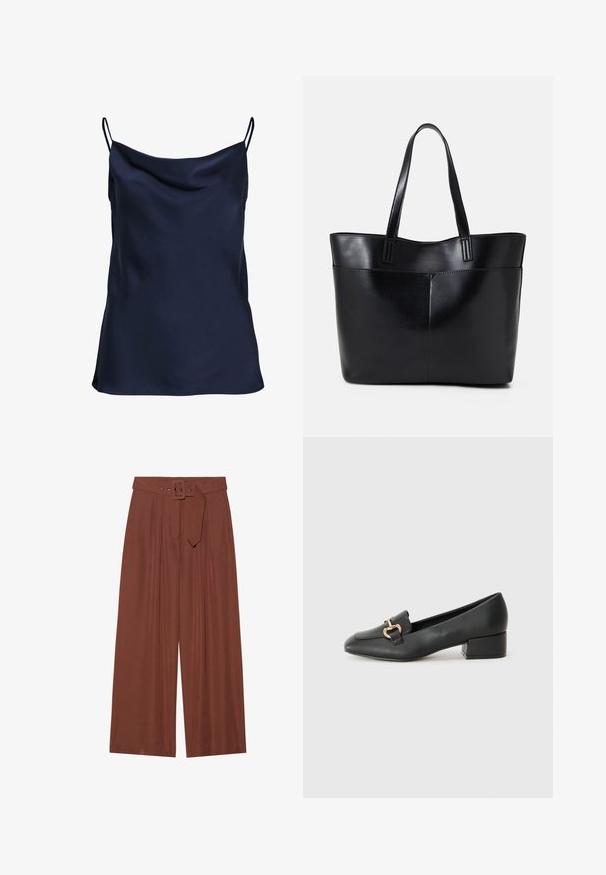 Sötétkék selyemtop drapírozott nyakkivágással, vékony, állítható pántokkal és sima, puha textúrával. Egyszerű dizájn, minta nélkül.; Barna anyagból készült, széles szárú nadrág, négyzet alakú csattal ellátott övvel, redők kialakítással és sima textúrával.; Fekete bőr loaferek lapos talppal, dekoratív arany hardware részlettel az elején és sima felülettel.; Fekete bőr bevásárlótáska két hosszú fogantyúval, sima felülettel és strukturált formával. Elülső zseb található rajta a plusz tárolás érdekében.
