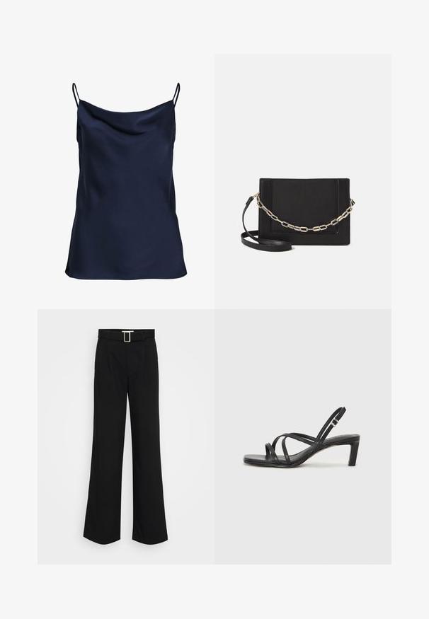 Tamsiai mėlynas satino naktiniai marškiniai su krentamu iškirpimu, plonais reguliuojamais petnešomis ir minkšta, glotnia tekstūra. Paprasta dizaino be raštų.; Juodi plačių kojų kelnės, pagamintos iš lengvos medžiagos, turinčios lygią tekstūrą, priekiniais klostėmis ir diržu su kvadratine metaline sagtimi.; Juodi šlepetės su kvadratiniu pirštu ir žemu bloku kulnu. Yra keli ploni dirželiai ir reguliuojamas kulkšnies diržas. Pagaminti iš lygios odos.; Juodas odinis per petį nešiojamas krepšys turi lygų paviršių, stačiakampio formą ir metalinę grandinėlę priekyje. Pridedama reguliuojama dirželis.; Sidabrinis dvigubas žiedas su lygiu, poliruotu paviršiumi. Pasižymi sklandžiu, kreiptu dizainu su persipinančiomis dalimis, suteikiančiomis modernų išvaizdą.