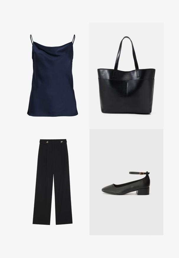 Mørkeblå satin camisole med drapert halslinning, tynne justerbare stropper og en myk, jevn tekstur. Enkel design uten mønstre.; Svart vide bukser med høy midje, knappdetaljer på midjebåndet og frontplisser.; Sorte skinnpumper med spiss tå og lav blokkhelt. Har ankelrem med gullfarget spenne. Glatt tekstur.; Svart lær toteveske med to lange håndtak, en glatt tekstur og en strukturert form. Har en frontlomme for ekstra oppbevaring.