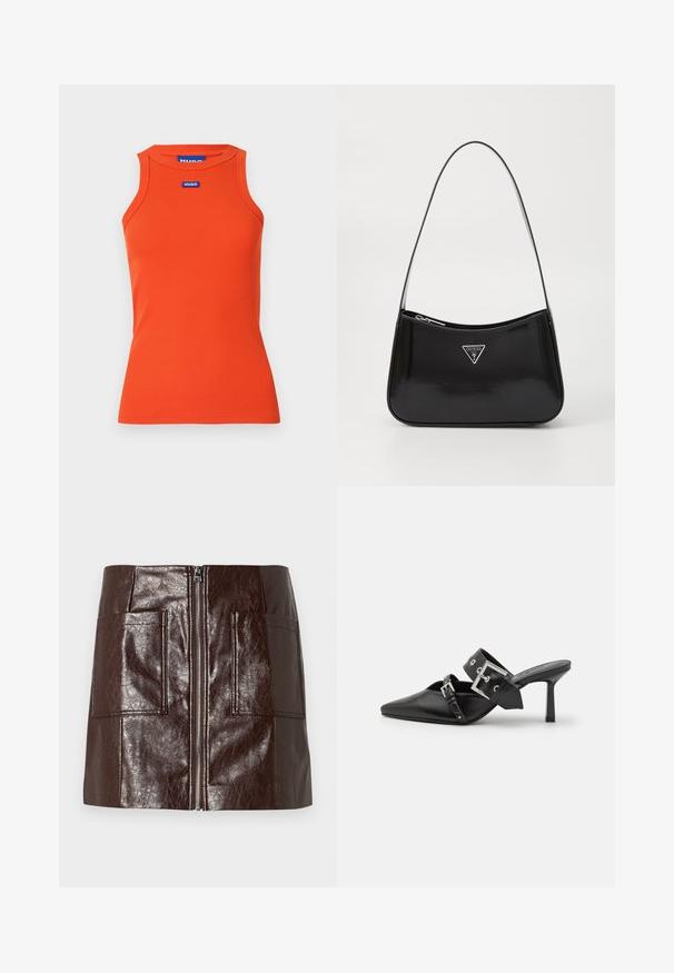 Oranž kaelus sängiga top koos ümarate kaelustega ja ilma varrukateta disainiga. Ees on sinine Hugo logo. Sile tekstuur.; Pruun sünteetilisest nahast mini seelik, millel on ees lõhik, kaks suurt esikot ja sile, läikiv tekstuur.; Mustad mustad kõrged kontsad, terava toe ja siledast nahast. Omab laia pahkluu rihma ruudukujulise hõbedase klambri ja nurgakujuliste naeltega.; Must küllastatud nahast õlakott, millel on kumer kuju, hõbedase kolmnurkse logo ja tõmblukuga sulgemine. Sile tekstuur ja õhuke rihm.
